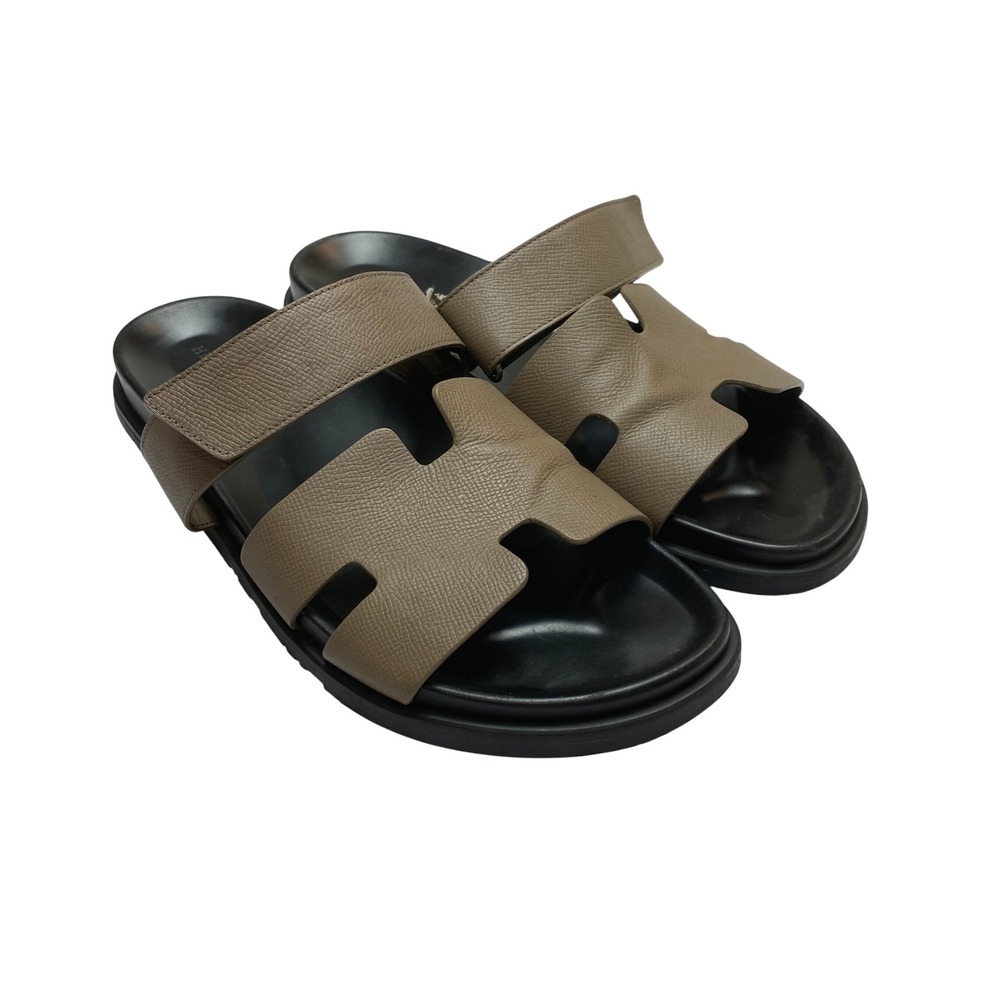 Hermes Chypre Sandals Mens 44 Etoupe Epsom Leather H-Strap Slide